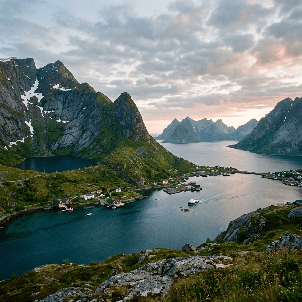 Fjord village with houses, water, and mountains during sunset