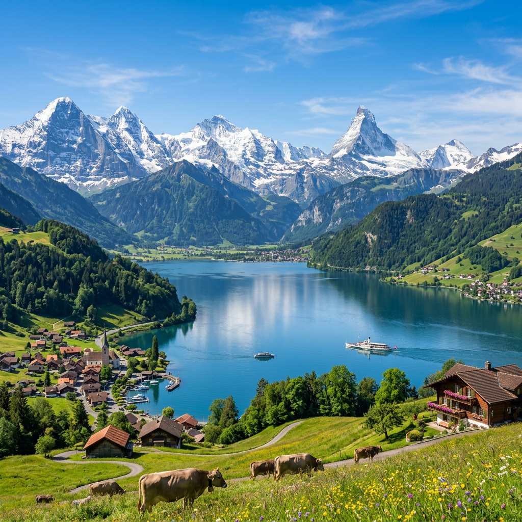 Alpine village with cows grazing on a hillside overlooking a lake and snow-covered mountains