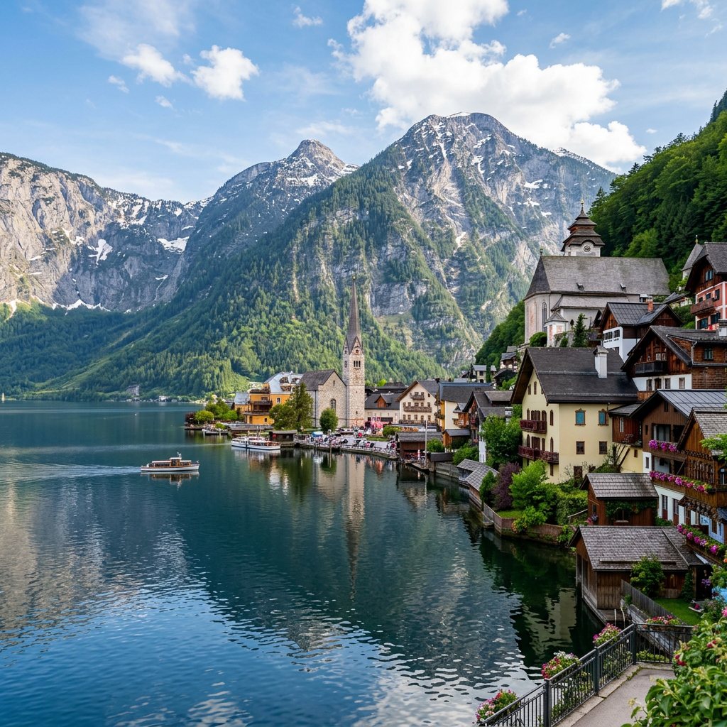 Lakeside village with church steeple, colorful houses, and mountain backdrop
