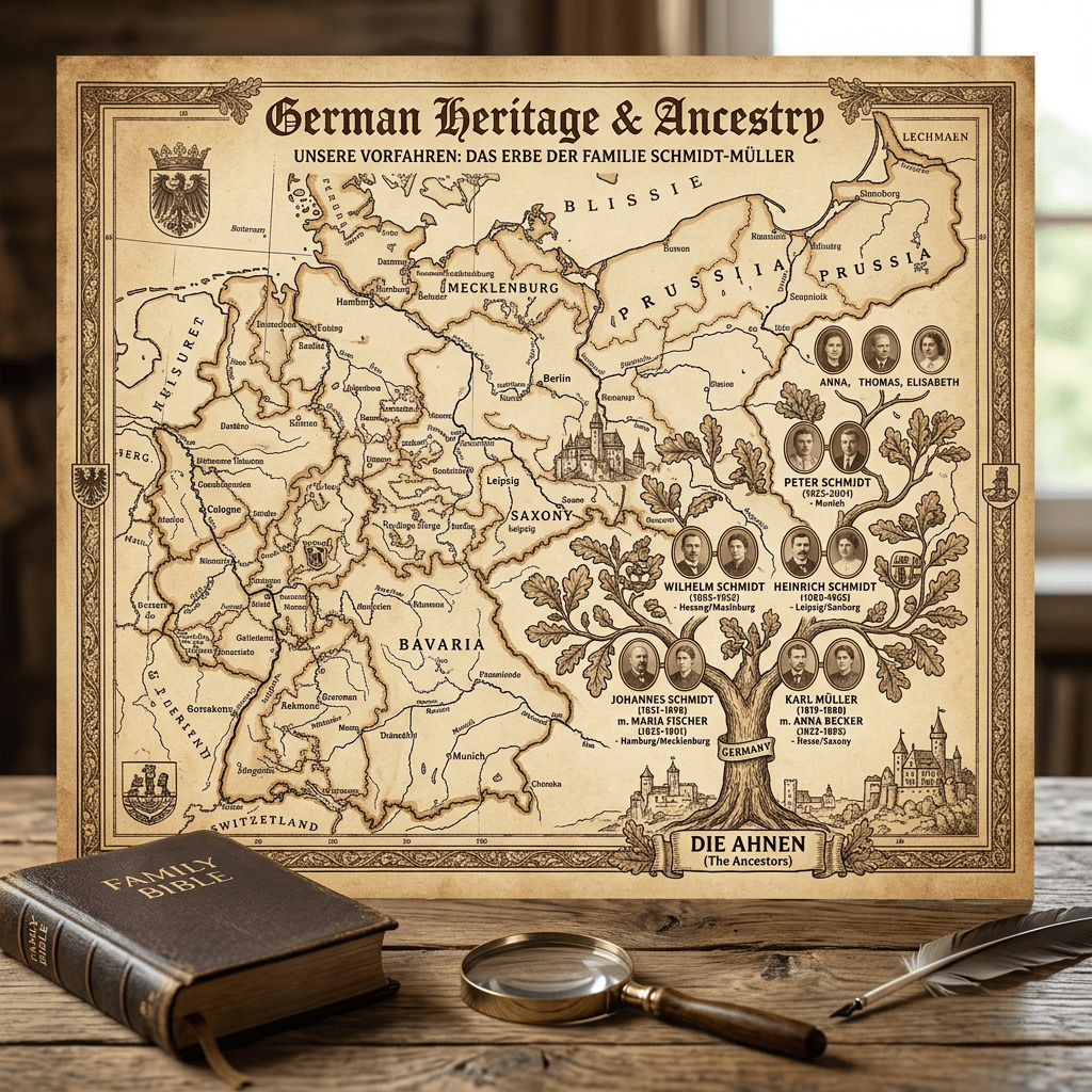 Vintage map of Germany with annotated Schmidt-Müller family tree and portraits