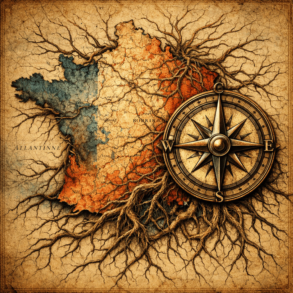 Vintage map of France with blue, white, and red sections and a compass rose with tree roots design.