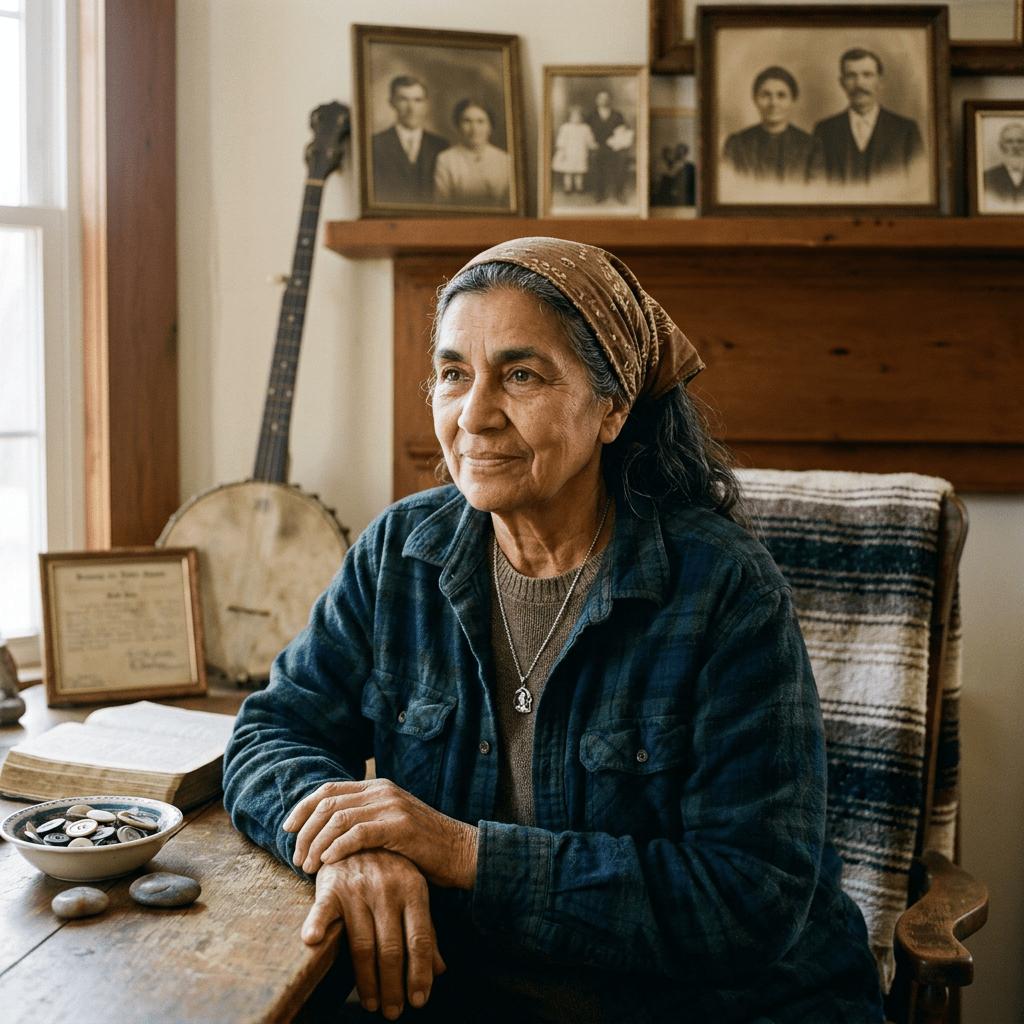 Elderly woman with headscarf sitting at wooden table in rustic room with vintage photos and banjo