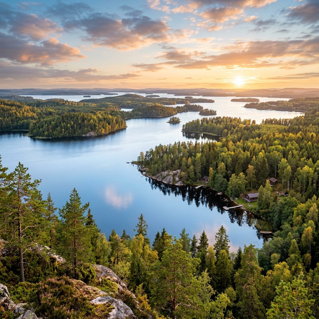 A lake with multiple forested islands under a colorful sunset sky