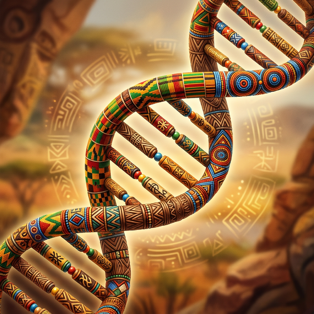 DNA double helix decorated with colorful tribal patterns and symbols