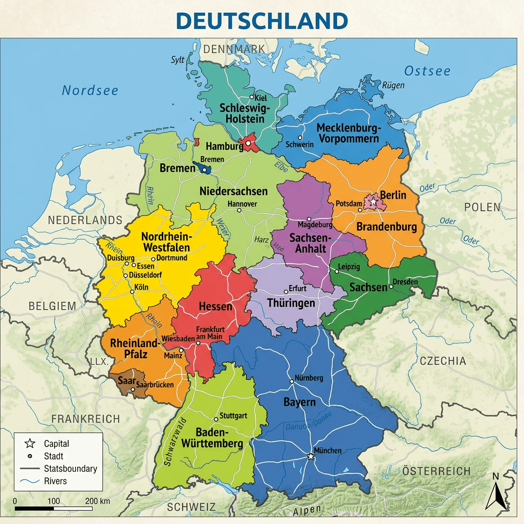 Map of Germany highlighting federal states with capitals and major cities