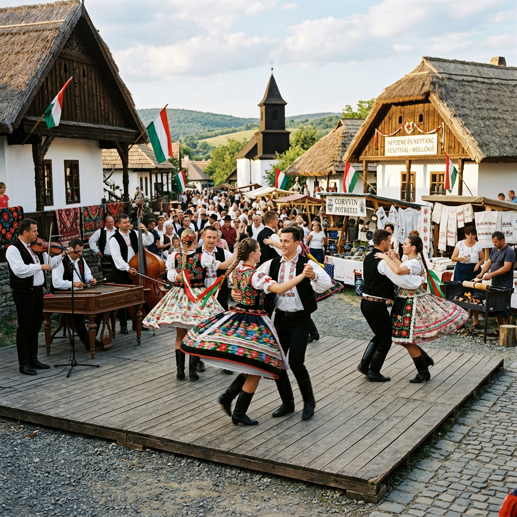 Couples in traditional Hungarian folk costumes dancing on a wooden stage with a band playing instruments, surrounded by spectators and decorated stalls.
