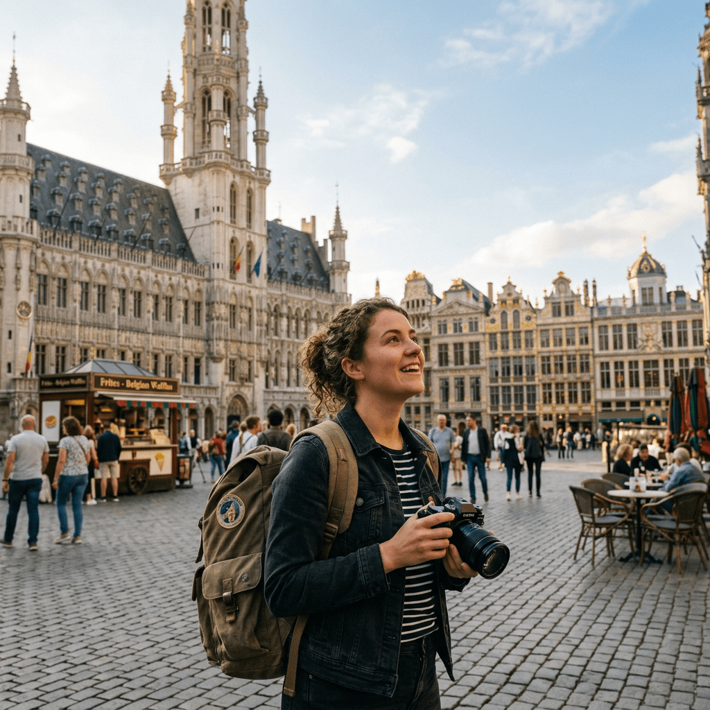 Young woman holding camera and looking up at architecture in Brussels Grand Place