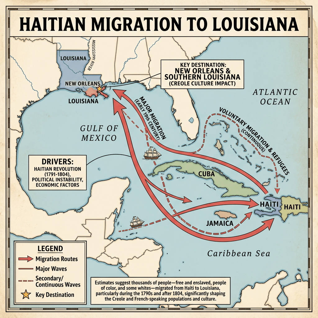 Map showing Haitian migration routes to Louisiana, highlighting New Orleans and Southern Louisiana as key destinations with migration waves from Haiti passing through Cuba and Jamaica.