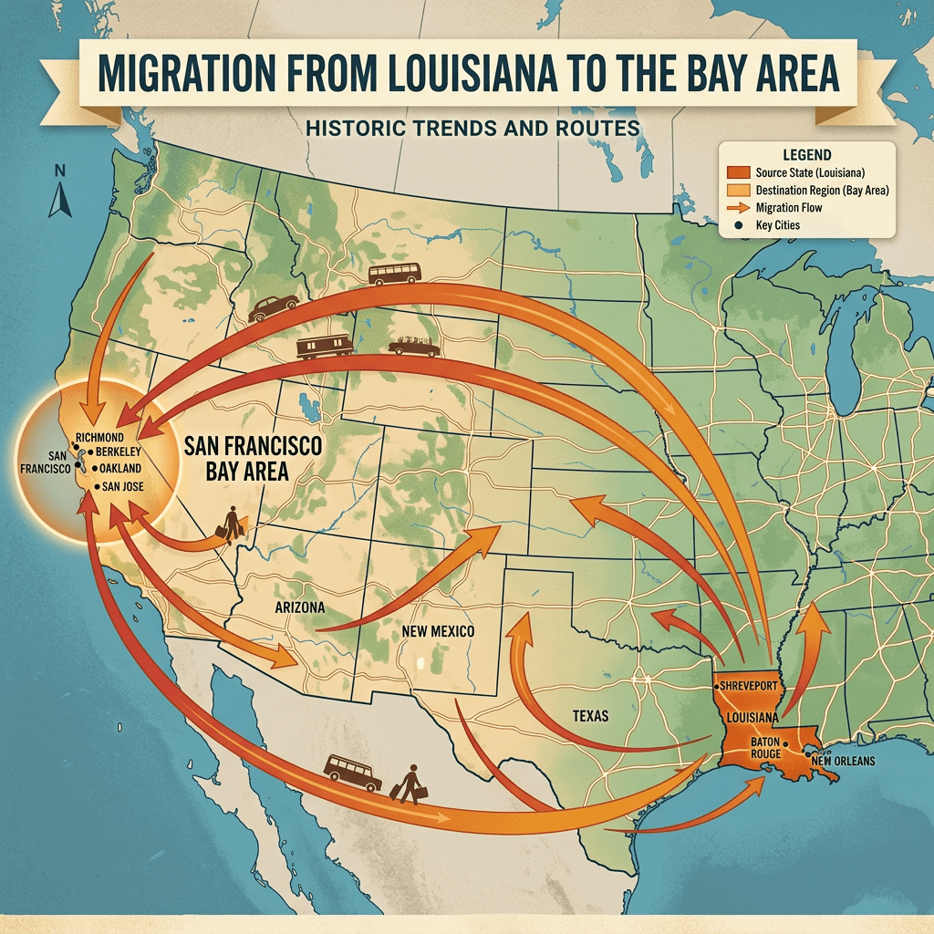 Map showing migration routes from Louisiana to San Francisco Bay Area and key cities