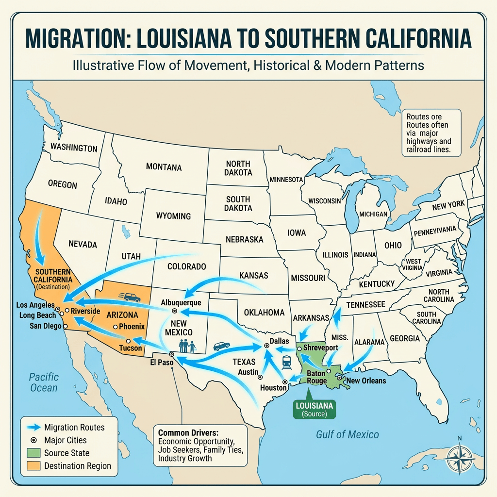Map showing migration routes from Louisiana to Southern California including major cities and common drivers of migration
