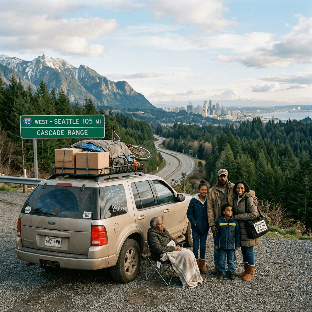 Family of five by loaded SUV near highway sign for Seattle and Cascade Range