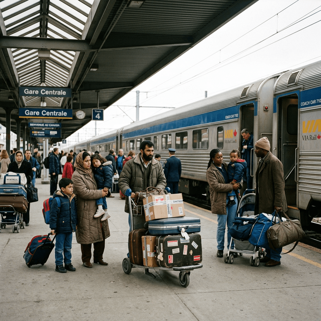 Families migrating to Canada with luggage and train
