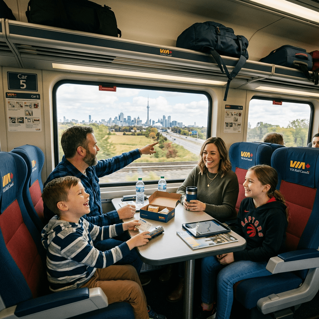 Family of four sitting around a train table with city view through window