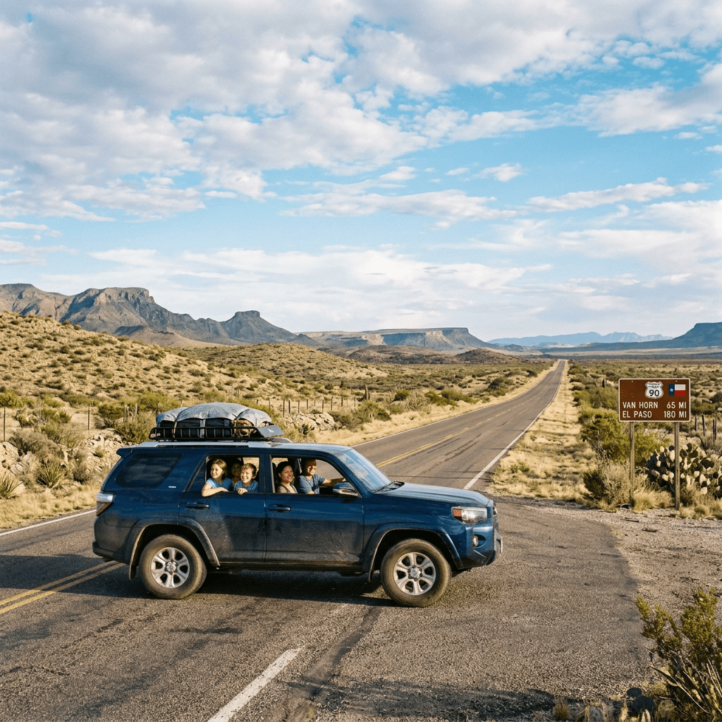 Family traveling through Texas desert highway