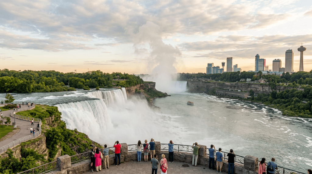 Visitors viewing Niagara Falls with waterfalls and city skyline in background