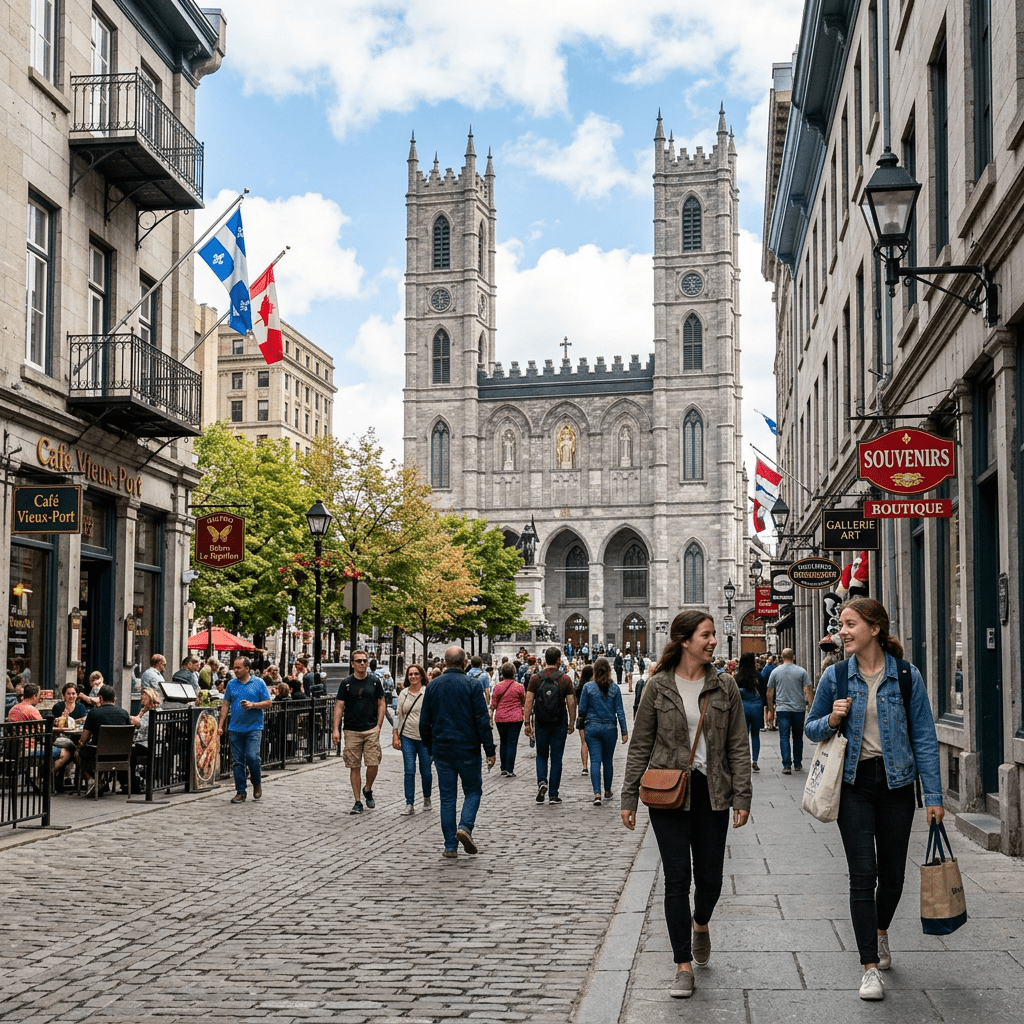 Cobblestone street in a historic district with people walking and a twin-towered cathedral