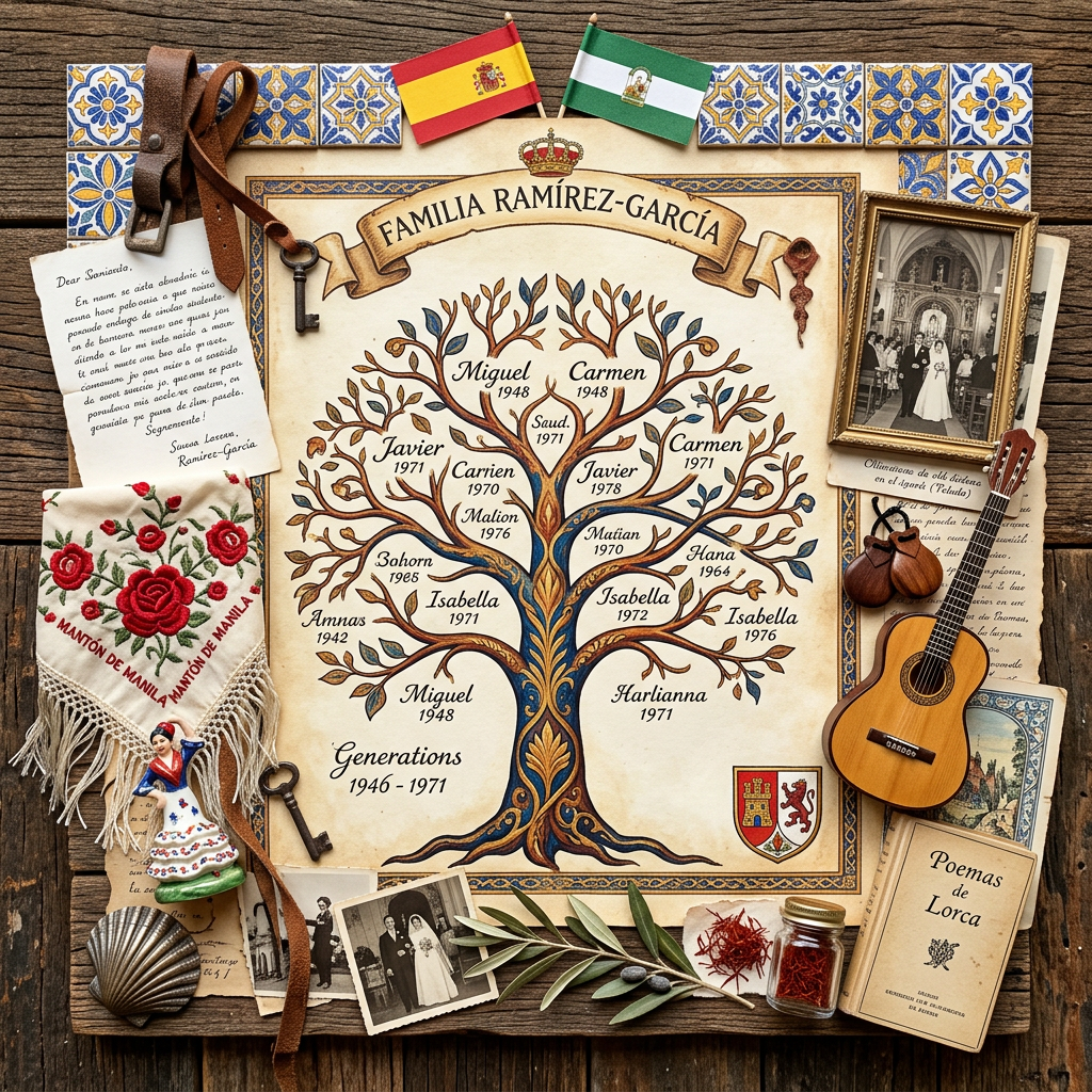 Ramírez-García family tree from 1946 to 1971 with Spanish flags, old photographs, a small guitar, and traditional embroidered cloth.