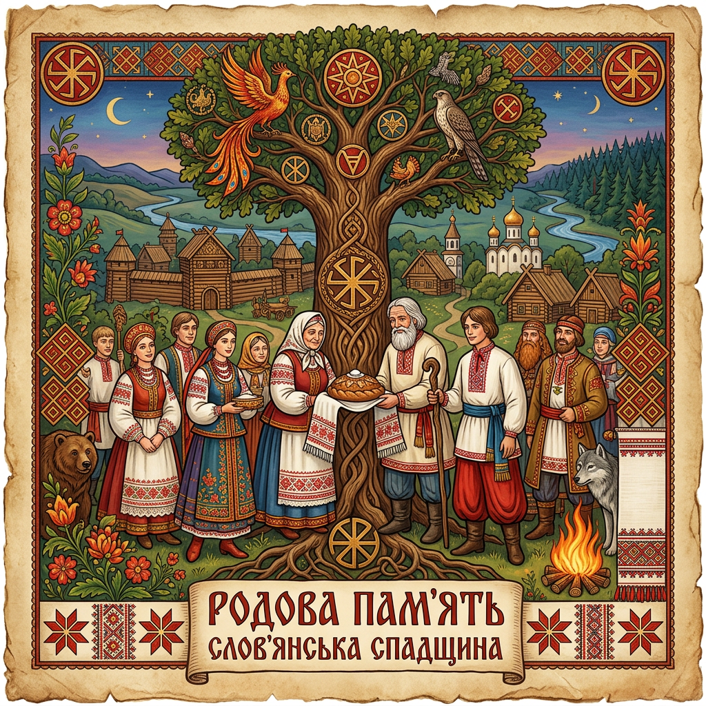 Slavic people in traditional clothing standing around a large symbolic tree with cultural symbols and village background