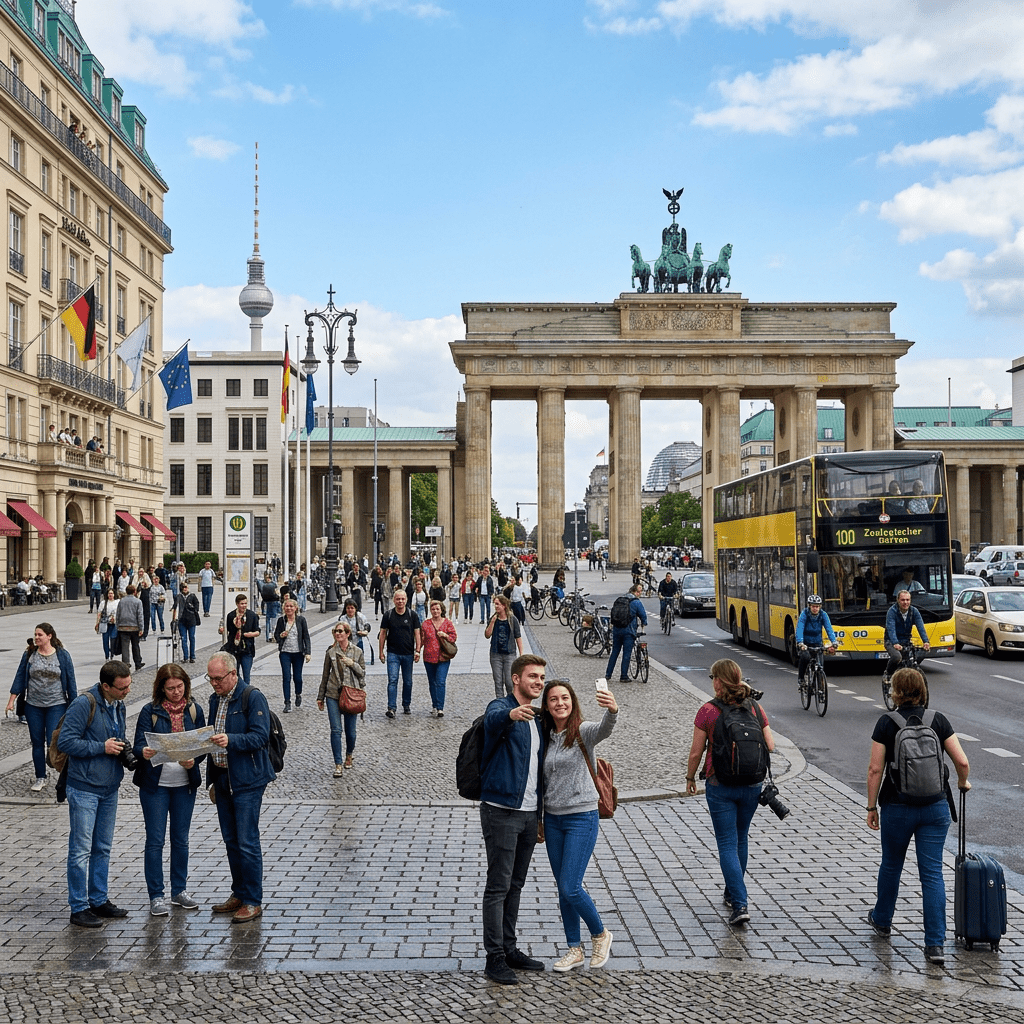 Crowd of people walking, sightseeing, and taking photos near Brandenburg Gate, Berlin