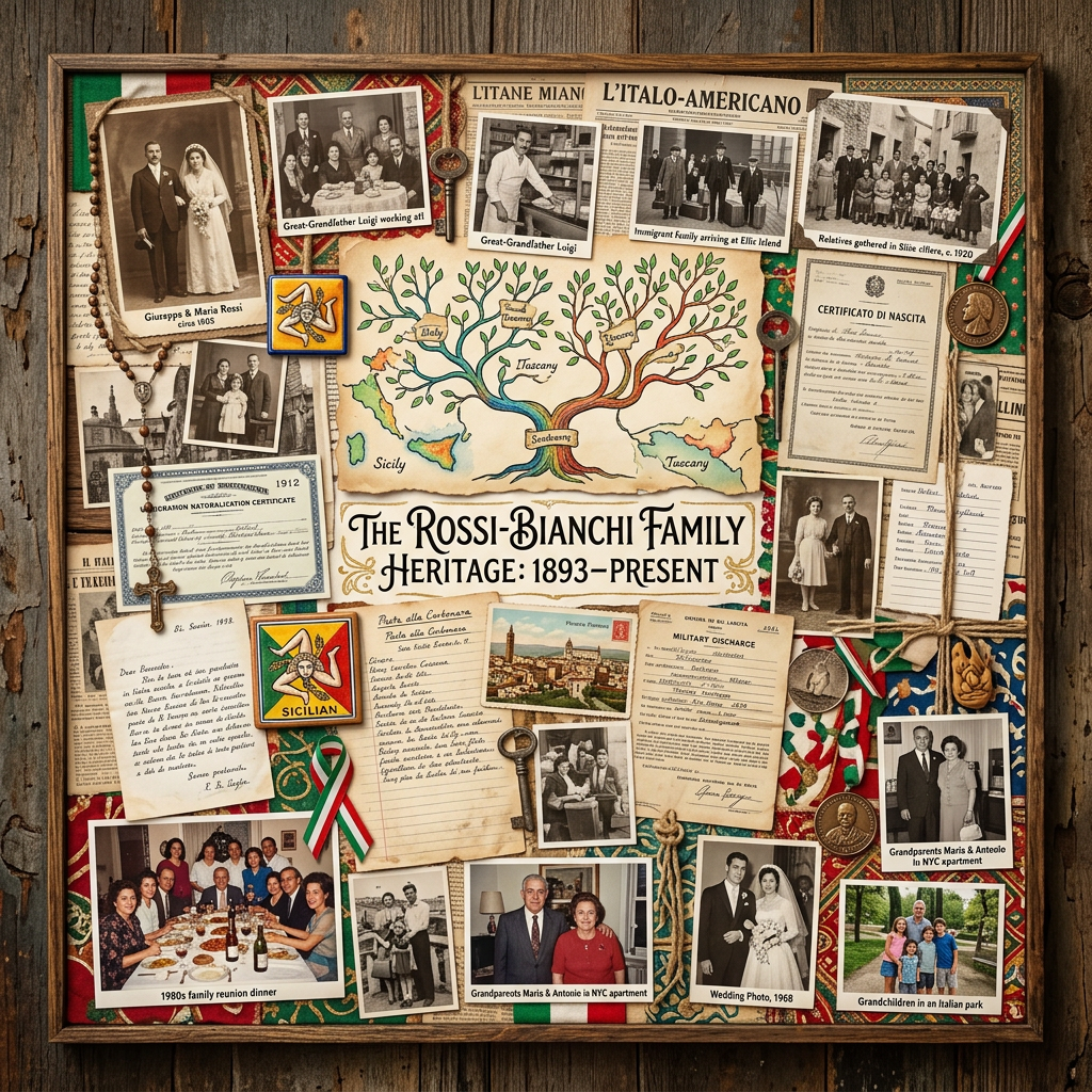 Collage of Rossi-Bianchi family photos, documents, and a family tree from 1893 to present