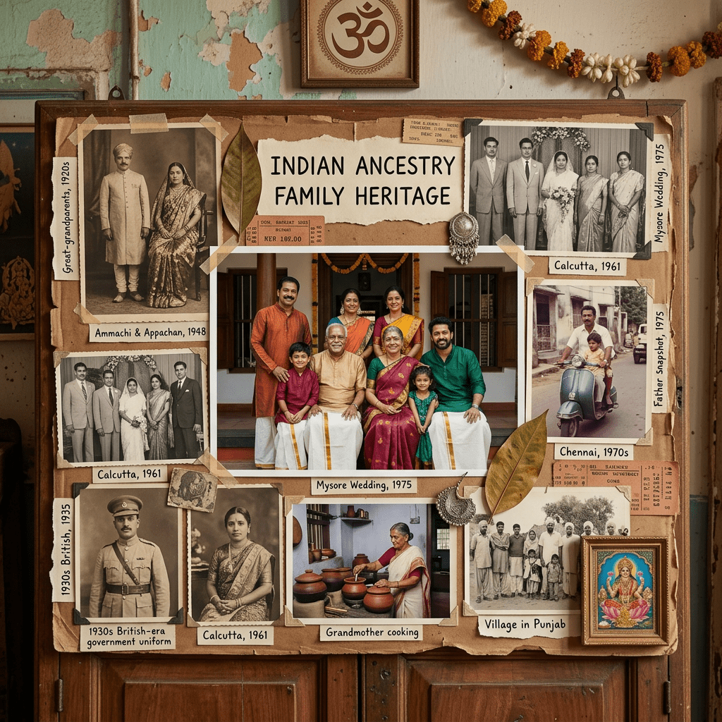 Collage of Indian family ancestry including vintage photos, a modern family portrait, and cultural elements