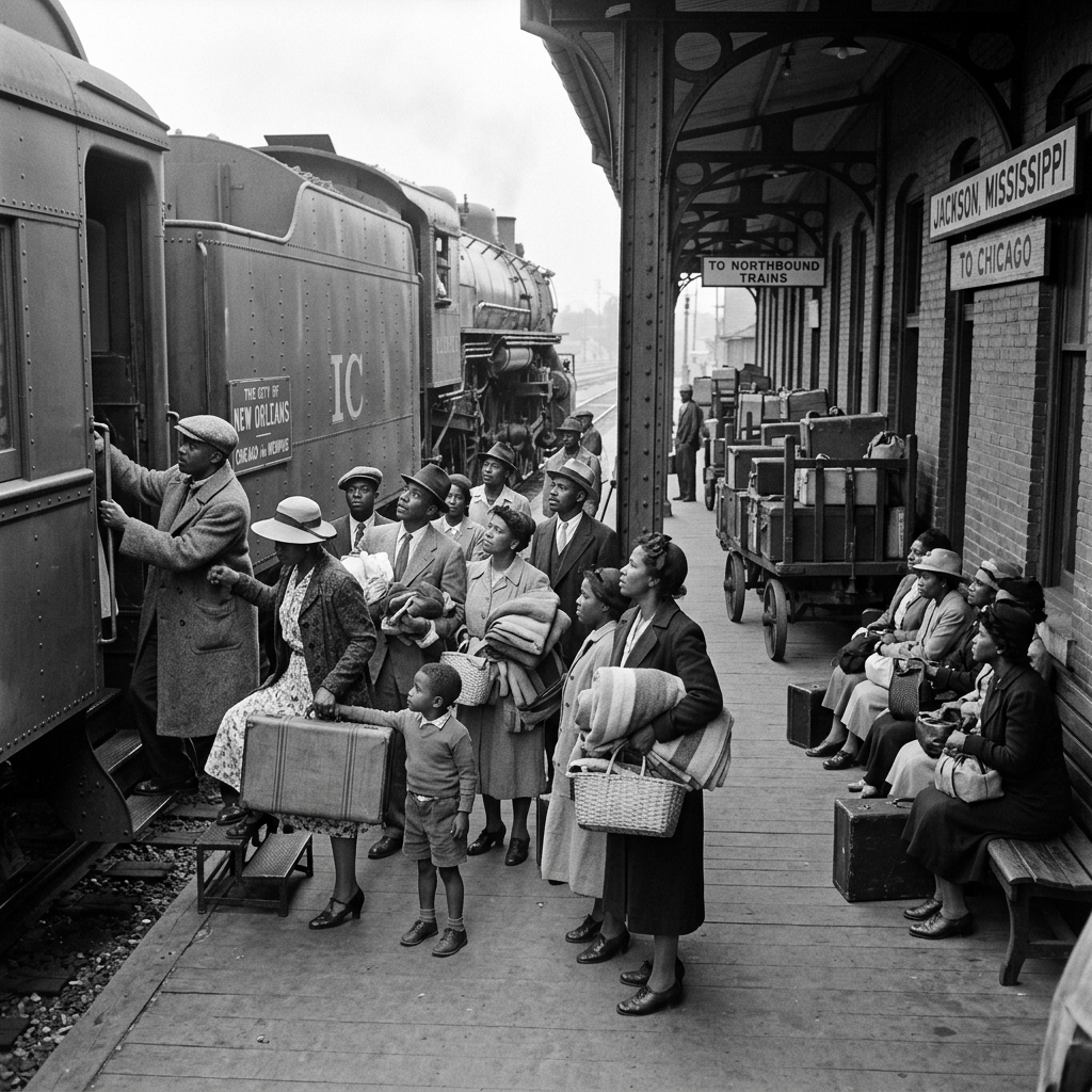 Group of African American passengers boarding a train at a station platform with luggage