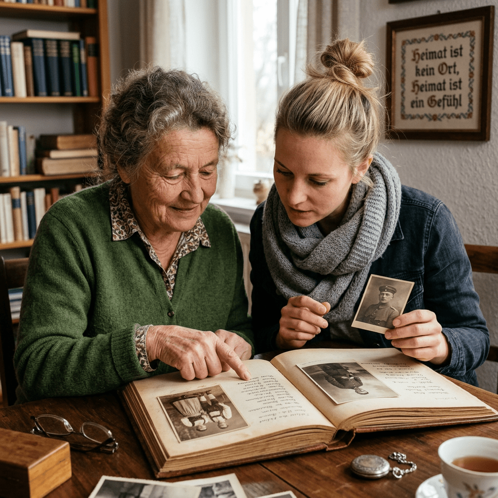 Elderly and young woman looking through a vintage family photo album