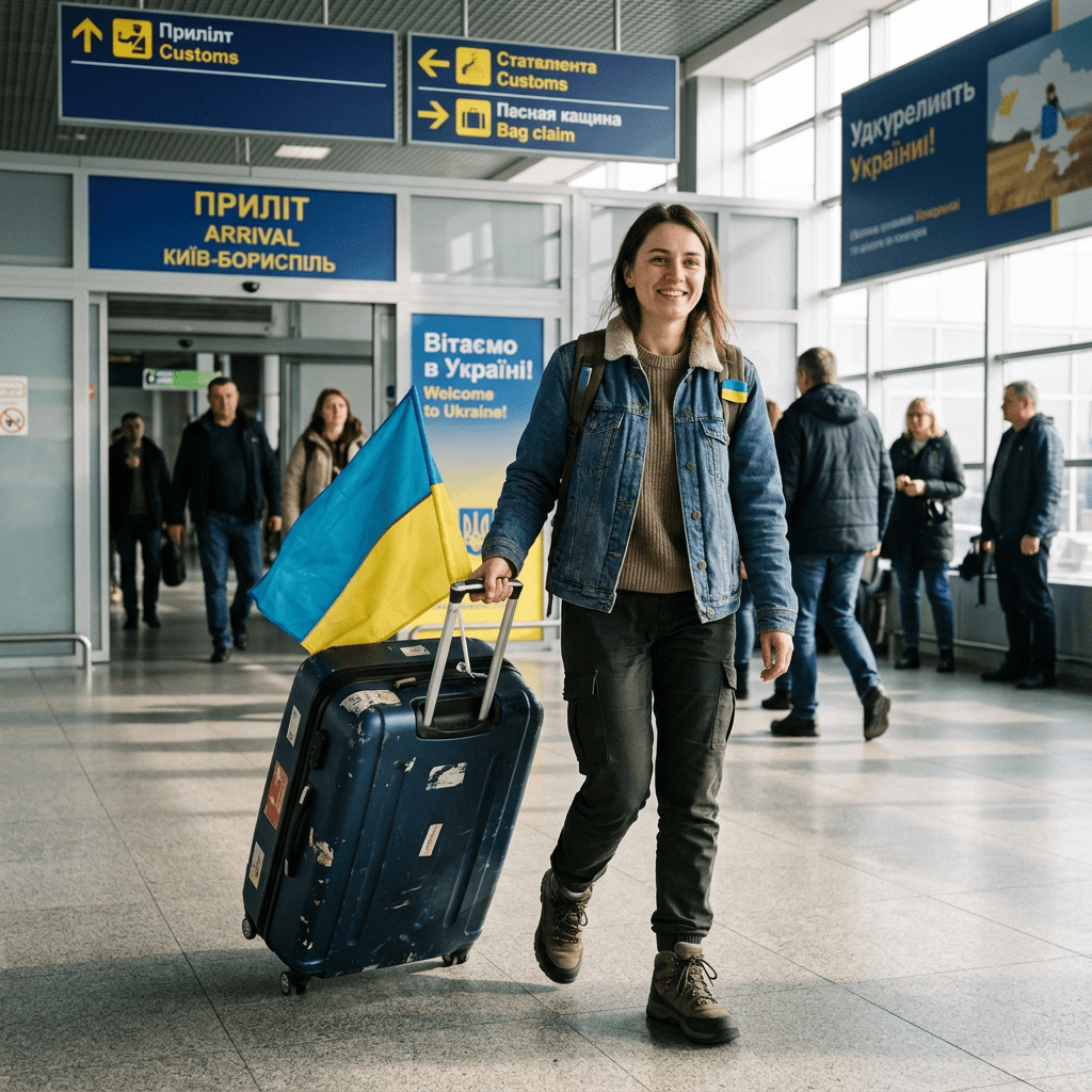 Traveler walking with suitcase and Ukrainian flag at Kyiv-Boryspil airport arrival area