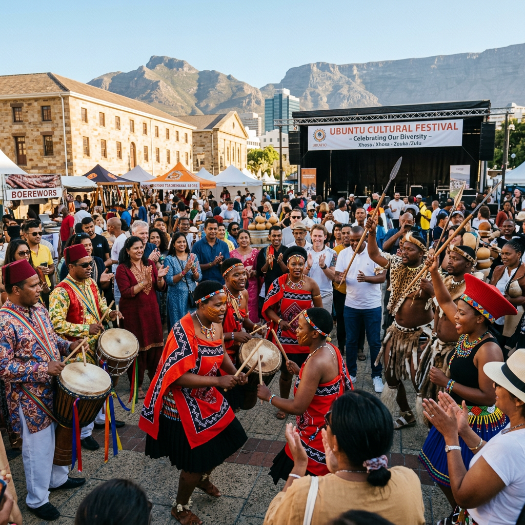 Group of people dancing and playing traditional drums at Ubuntu Cultural Festival