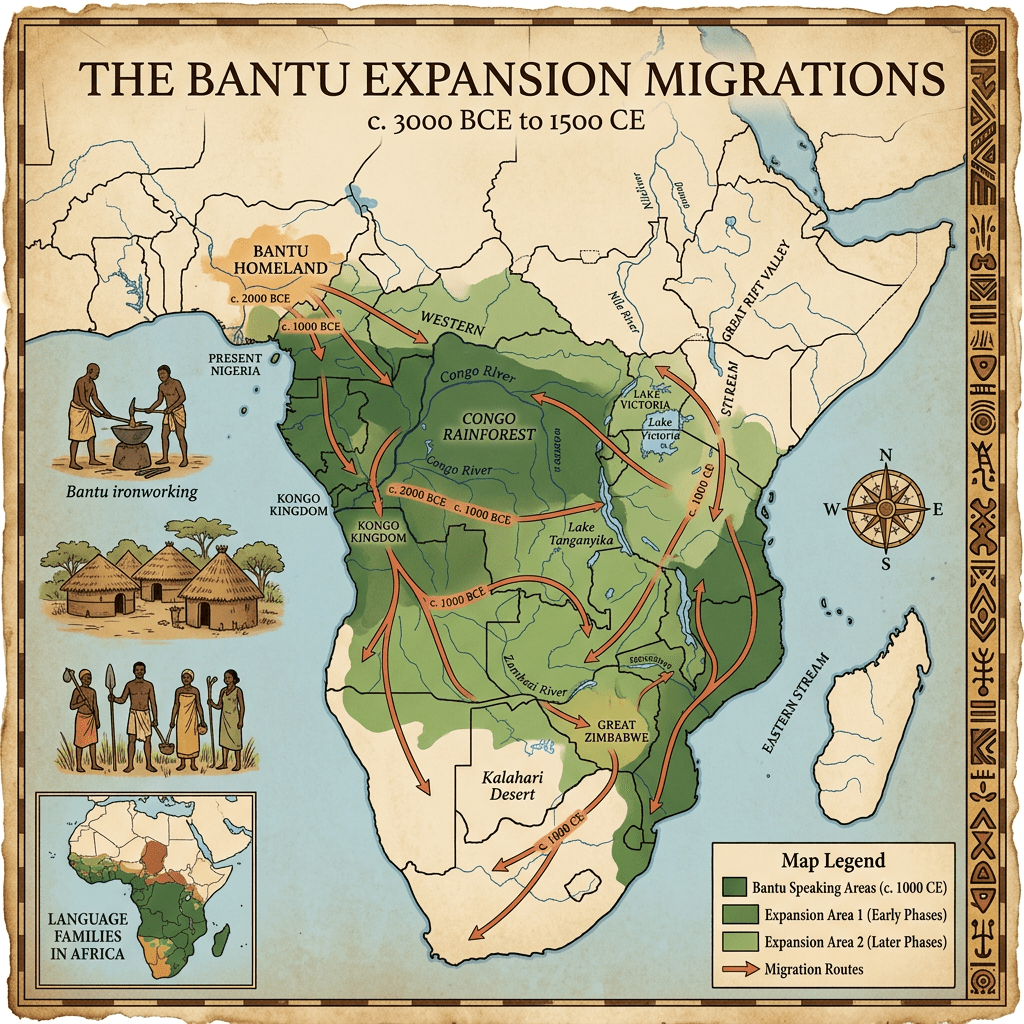 Map of Africa illustrating Bantu homeland, migration routes, and expansion areas with labeled rivers, lakes, kingdoms, and key locations.