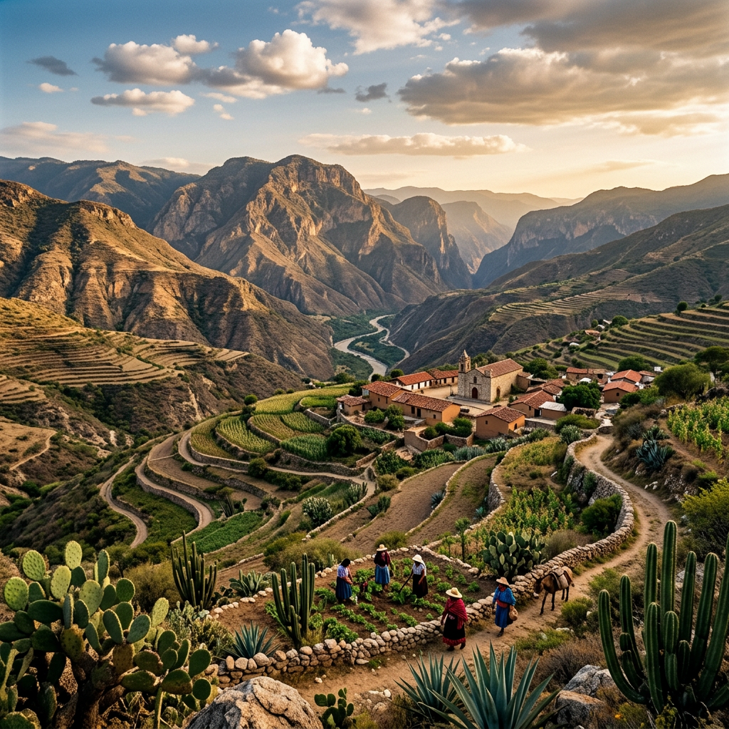 Farmers working in terraced fields near a small village and mountains