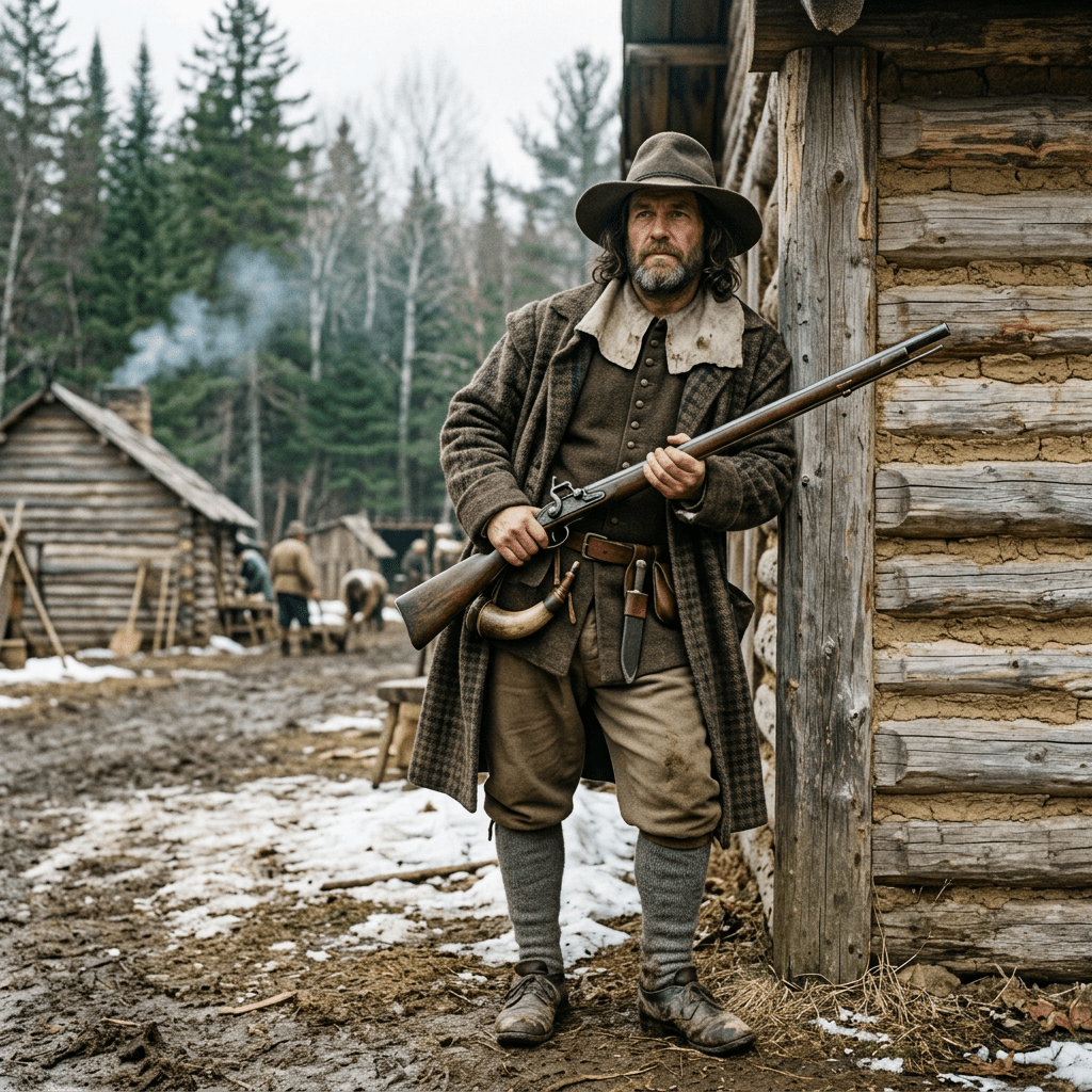 Man dressed in 18th-century frontier clothing holding a long rifle and leaning against a wooden cabin