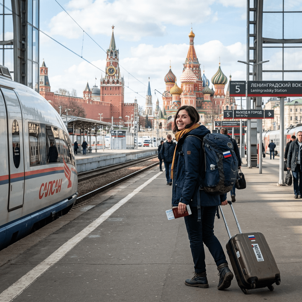 Traveler with luggage on train platform at Leningradsky Station in Moscow