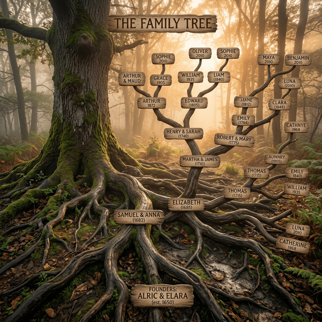 Family tree diagram with names and birth years spanning from 1650 to 2010