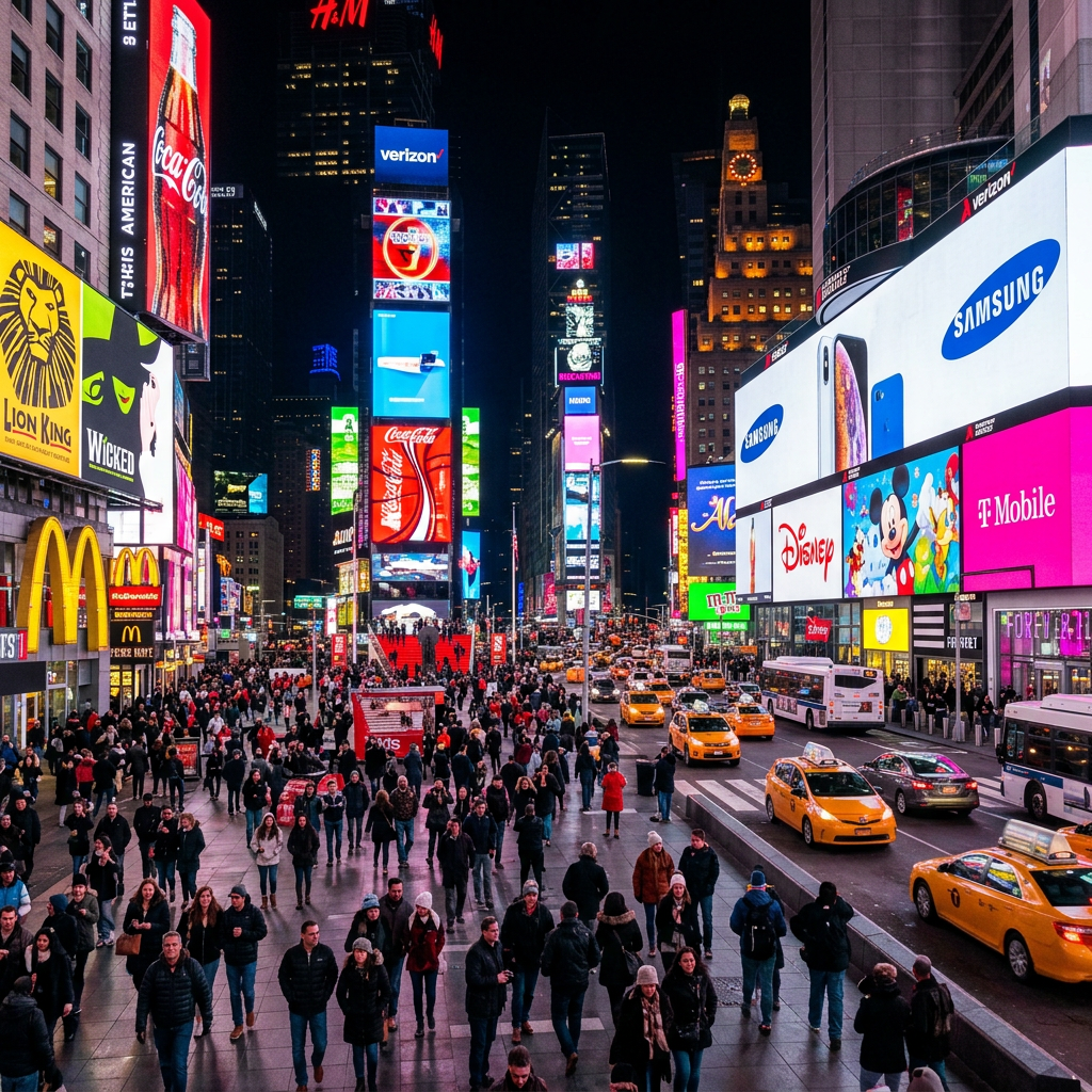 Crowded pedestrian plaza and yellow taxis in Times Square with illuminated advertisements