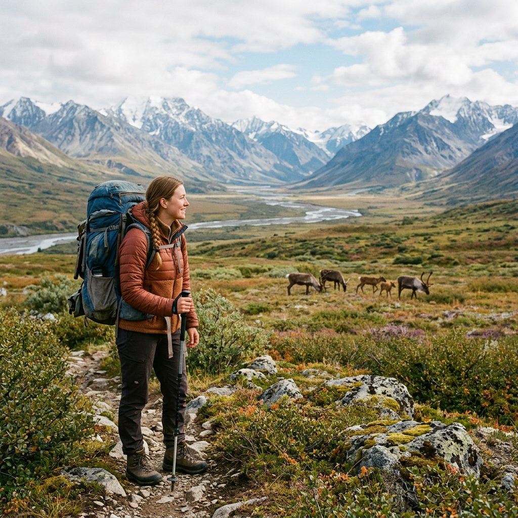 Backpacker with large backpack standing on a trail, looking at caribou grazing in alpine valley with snow-capped mountains