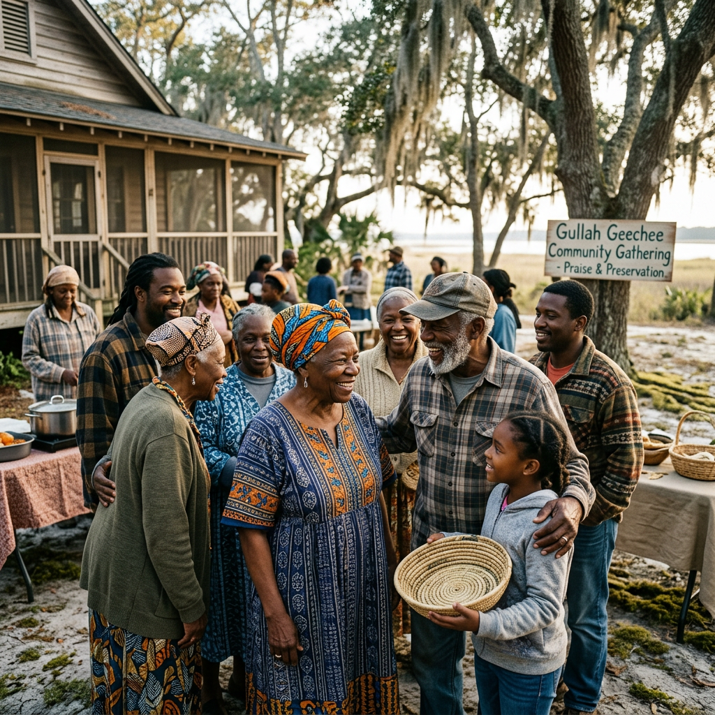 Group of Gullah Geechee community members smiling and interacting outdoors at a gathering