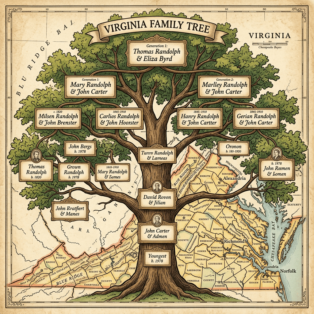 Illustrated family tree titled Virginia Family Tree showing Randolph and Carter family lineages with names and dates overlaid on a map of Virginia