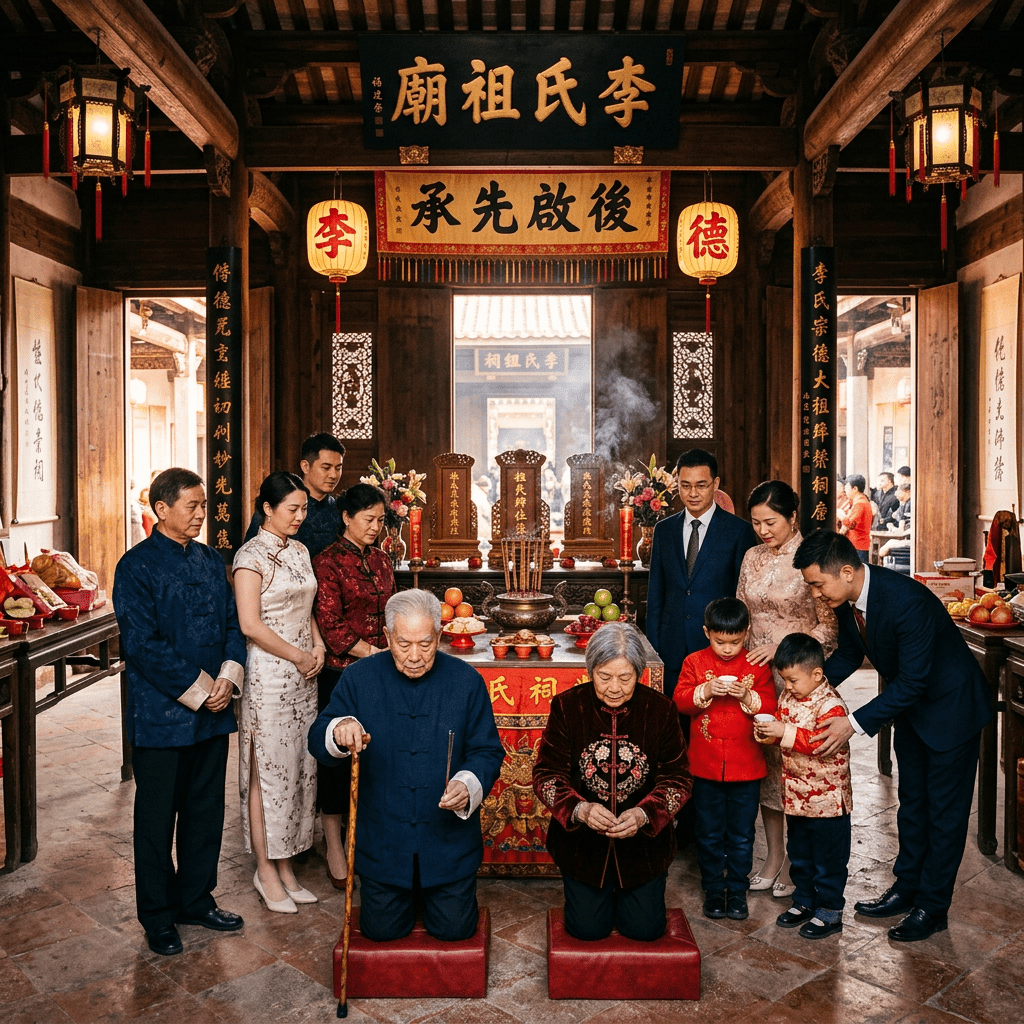 Chinese family performing ancestor worship in traditional attire with incense and offerings
