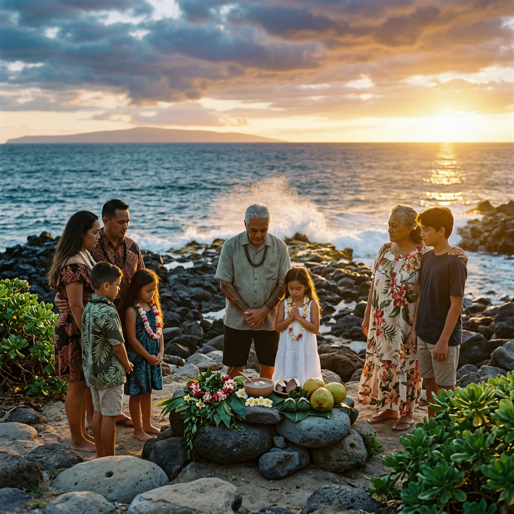 Family performing a Hawaiian ceremony with offerings on rocks by the ocean at sunset