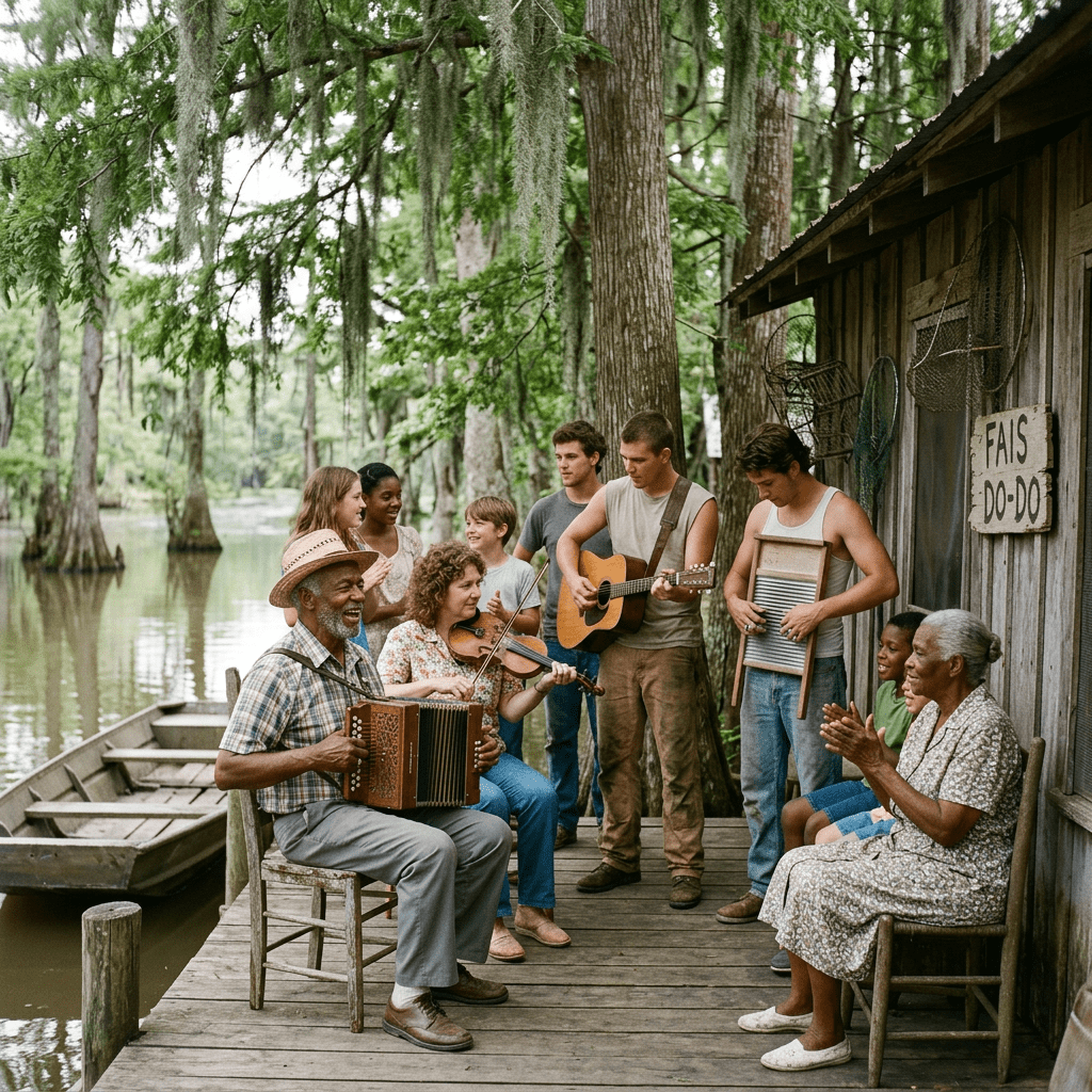 Group playing accordion, fiddle, guitar, and washboard on dock near swamp