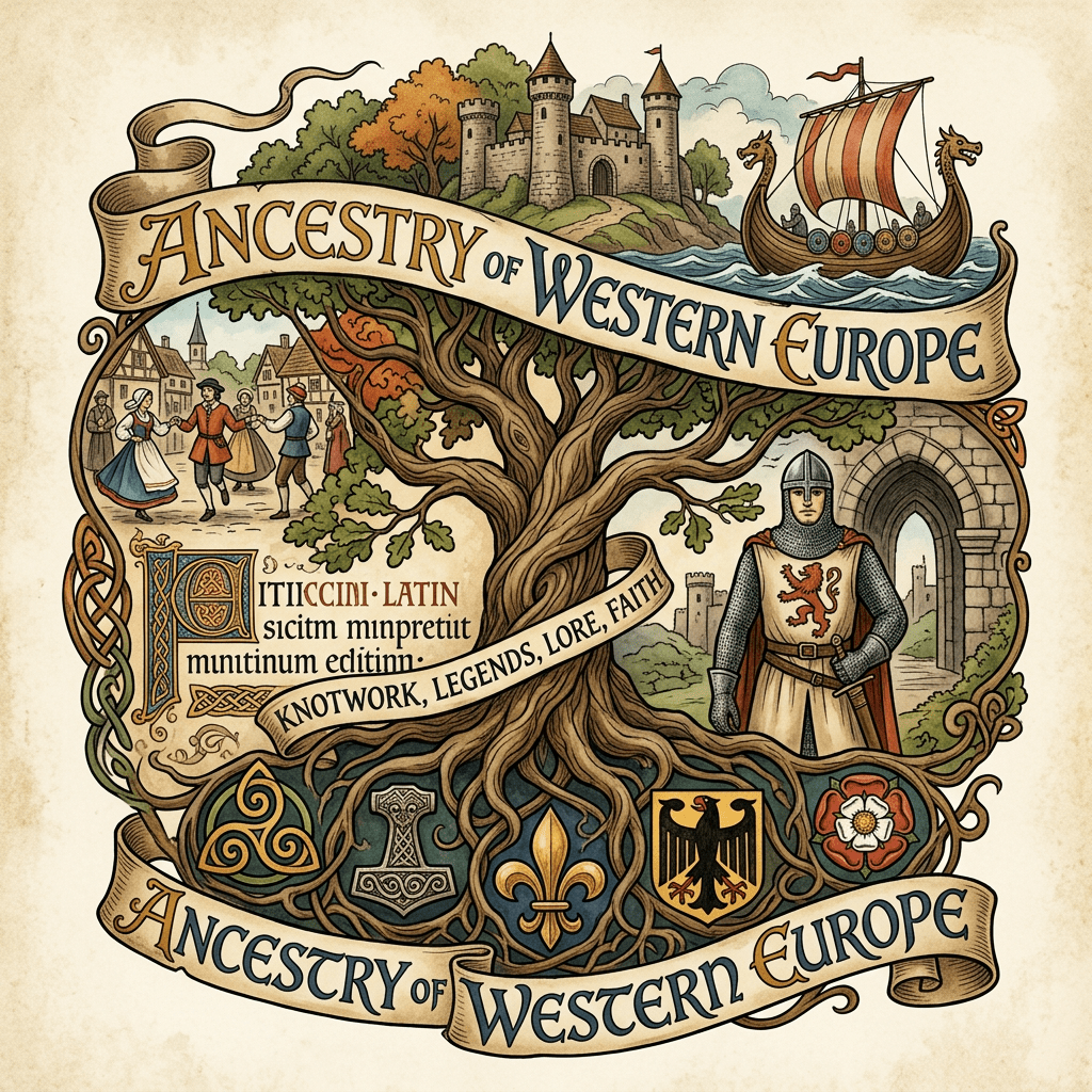 Illustration of a tree with banners reading Ancestry of Western Europe, a medieval knight, castle, Viking ship, dancers, and various cultural symbols.