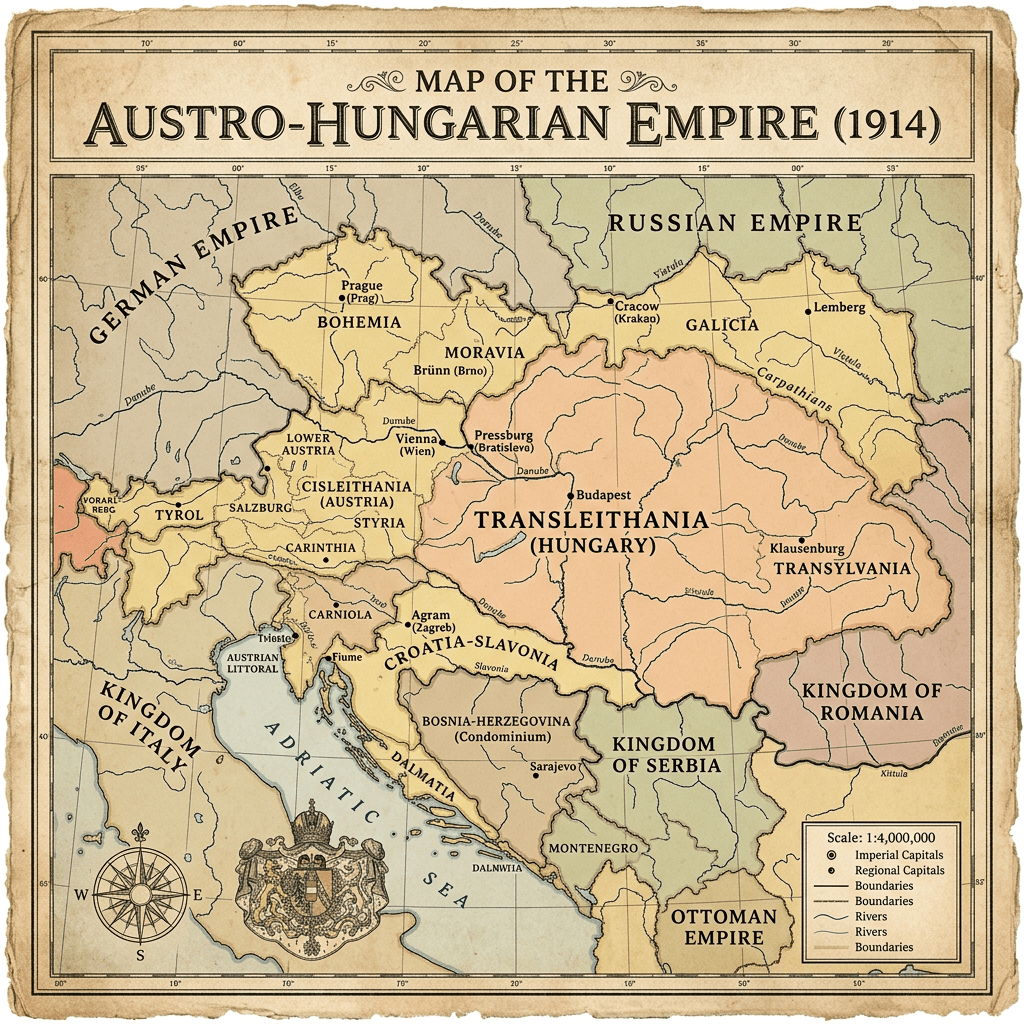 Map of Austro-Hungarian Empire and neighboring states in 1914 with regional boundaries and capitals
