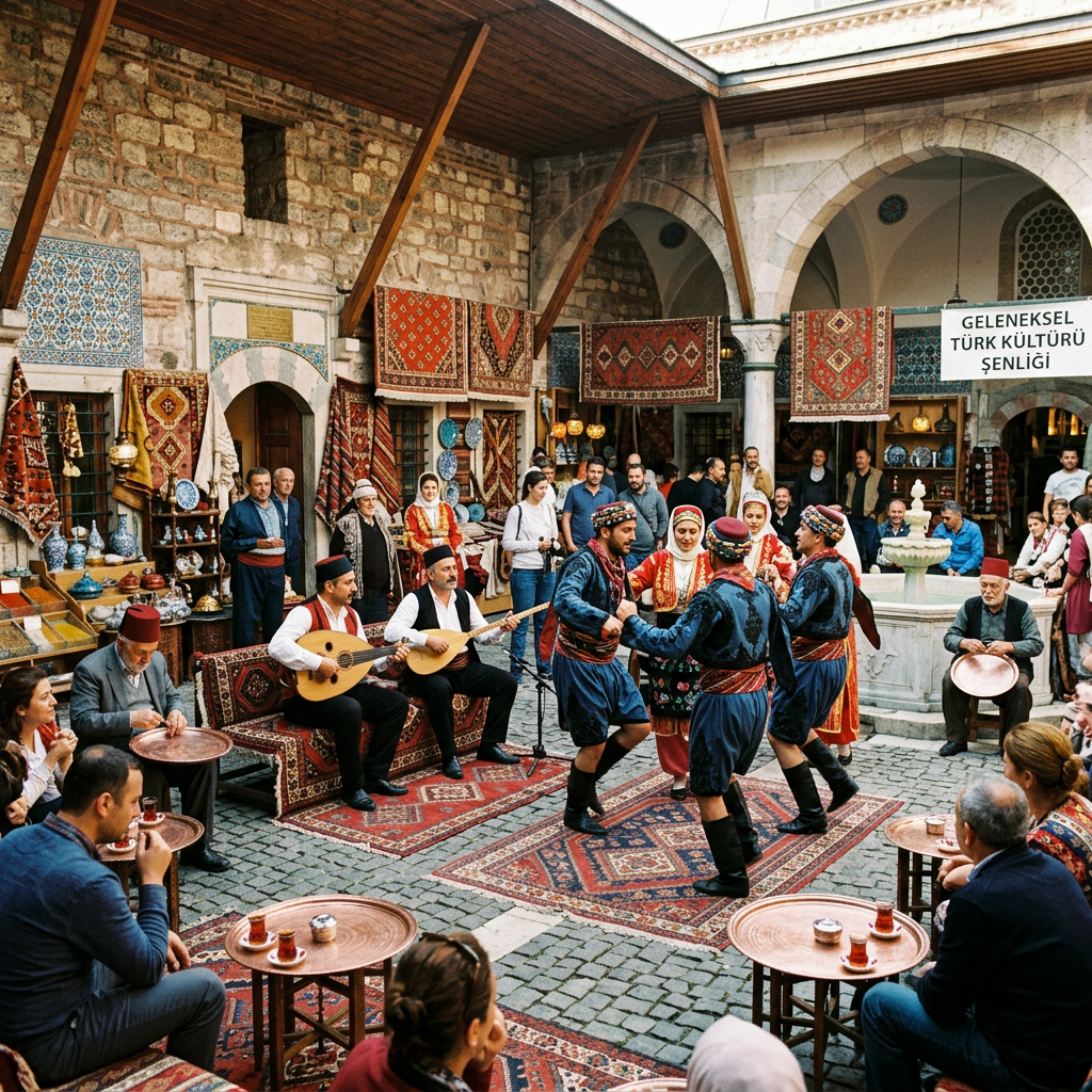 Traditional Turkish dancers and musicians performing in a historic courtyard during a cultural festival