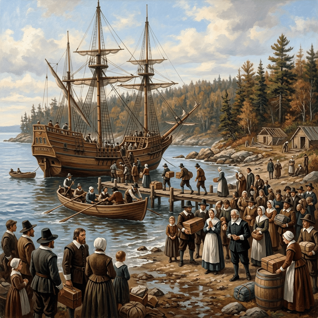 Pilgrims arriving and unloading supplies from a wooden ship named Reliance at a coastal dock with a forest background.