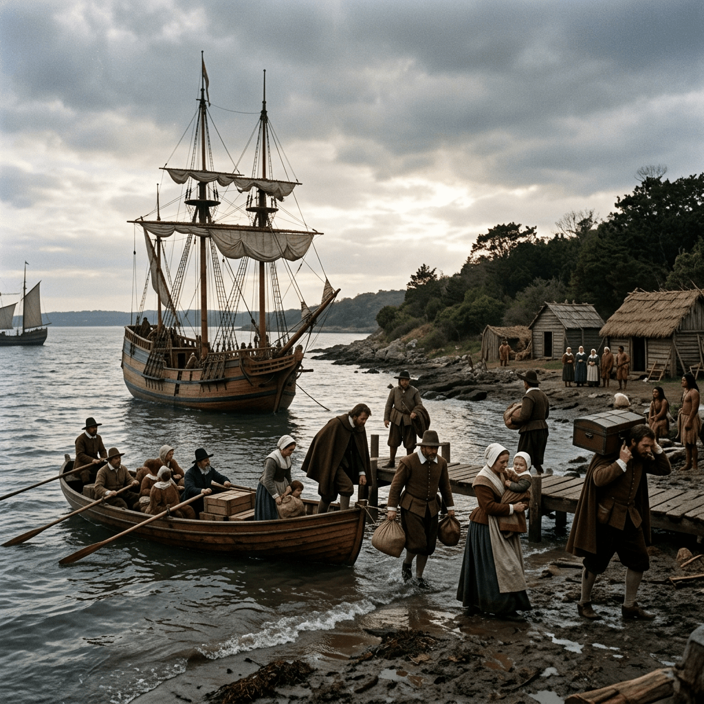 Pilgrims arriving by boat to a colonial village shore with wooden houses
