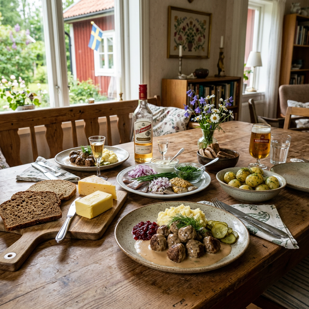 Table with Swedish meatballs, lingonberry sauce, mashed potatoes, boiled potatoes, crispbread, cheese, pickled herring, condiments, and drinks