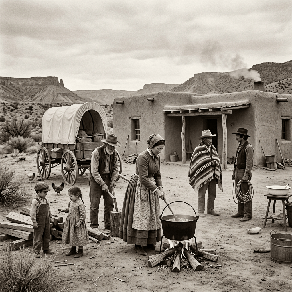 Pioneer family at adobe homestead cooking and chopping wood outdoors with covered wagon