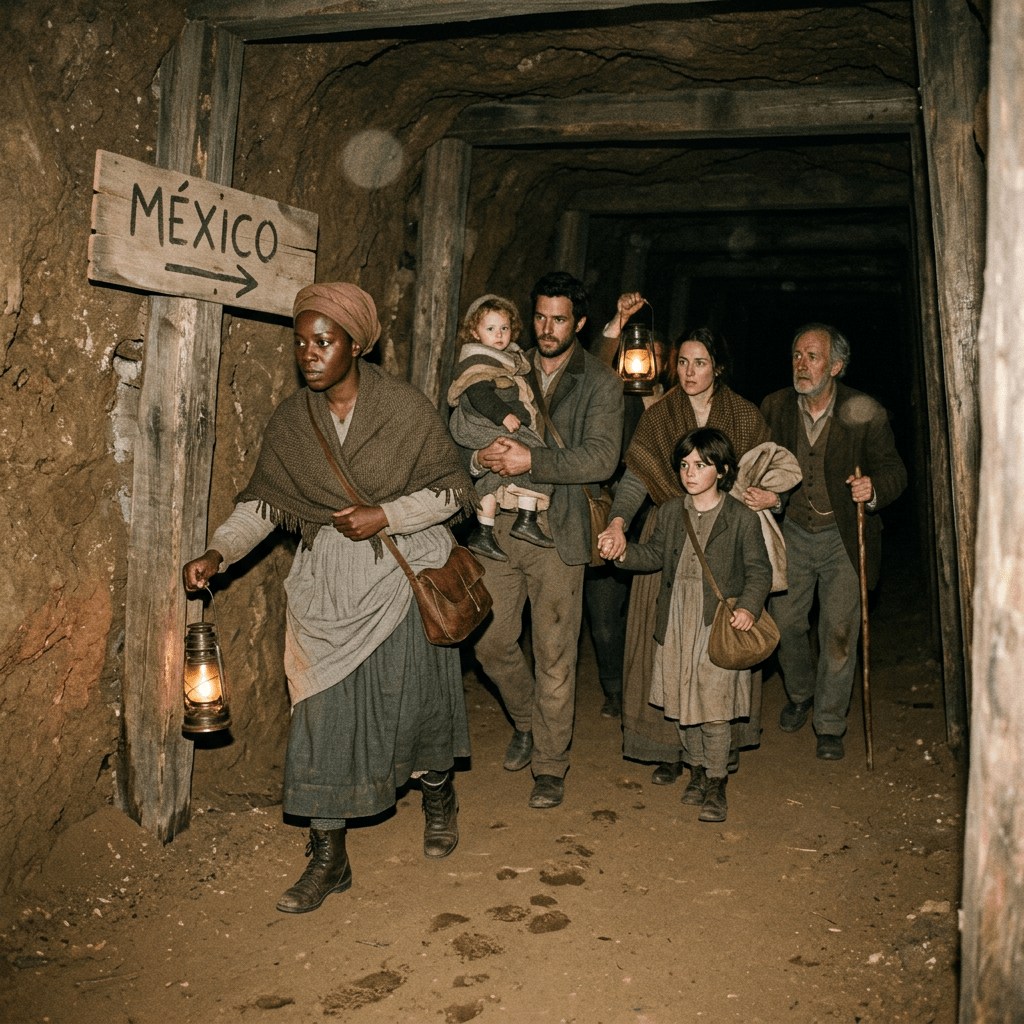 A group of people walking through a dirt tunnel with lanterns and a sign reading 'México'