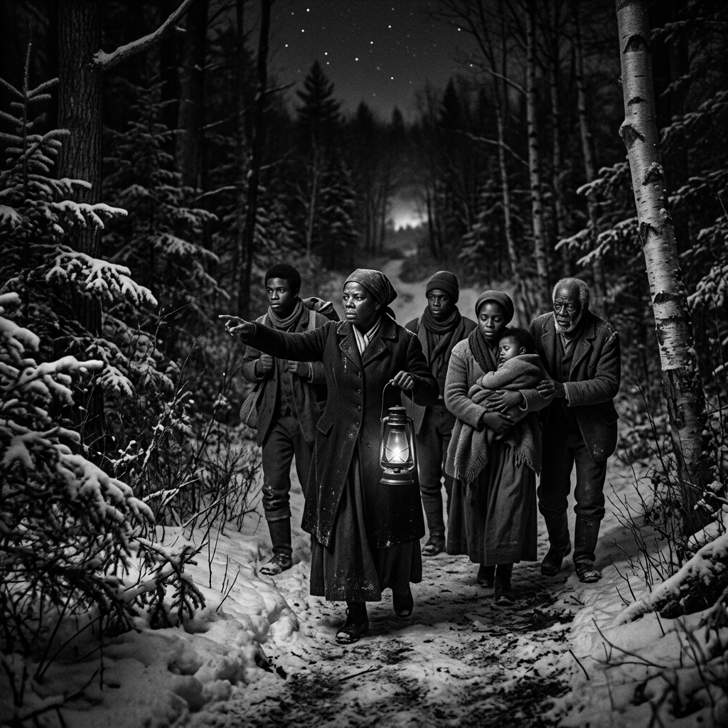 Group of people walking through snowy forest at night with woman holding lantern and pointing